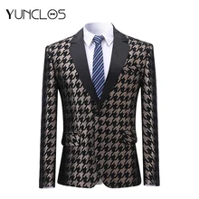 YUNCLOS, черный, золотой клетчатый Мужской Блейзер, тысяча птиц, Свадебный мужской костюм, куртки на одной пуговице, DJ Блейзер, мужской пиджак