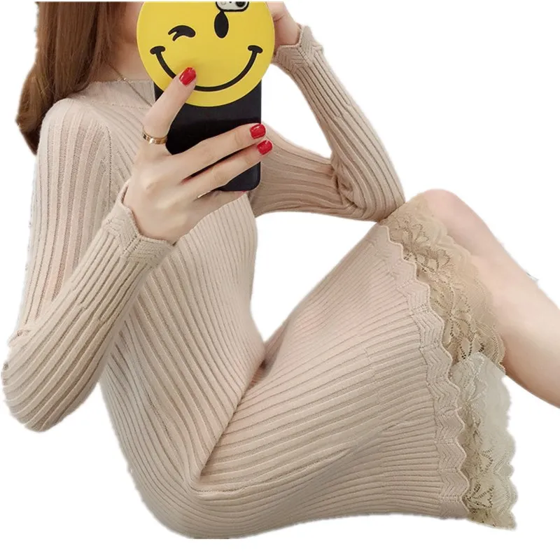 

2018 Autumn and Winter New Korean Women Knitted Sweater Dress O-neck Long Sleeve Lace Bottoming Dress LJ0896