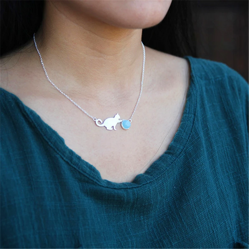 Lotus Fun Genuine 925 Sterling Silver Pendants Necklaces for Women Blue Amazonite Animal Cat Play Ball Chain Necklace for Ladies