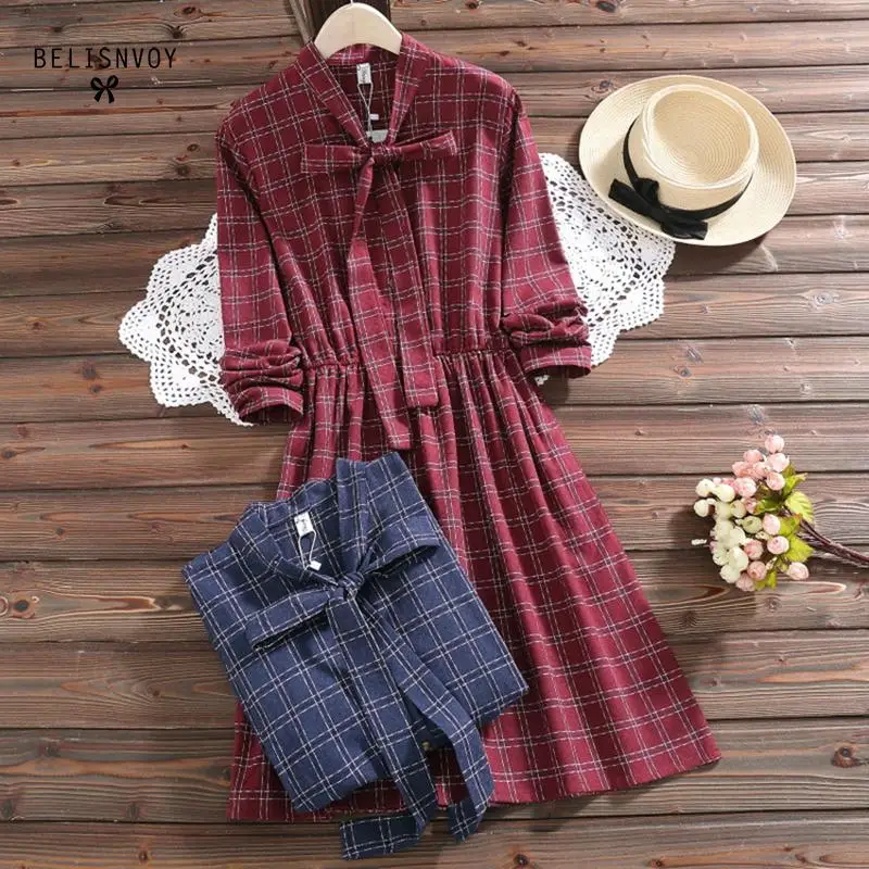 

Femininos Vestidos 2019 Spring Autumn Women Long Sleeve Red Blue Plaid Vintage Dress Female Casual Bow Cotton Vintage Dresses