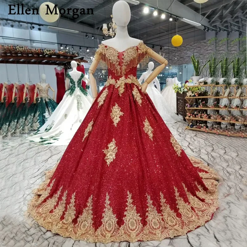 

Colorful Glitter Fabric Wedding Dresses 2019 Saudi Arabian Dubai Lace up Off Shoulder Beaded Court Train Long Bridal Gowns