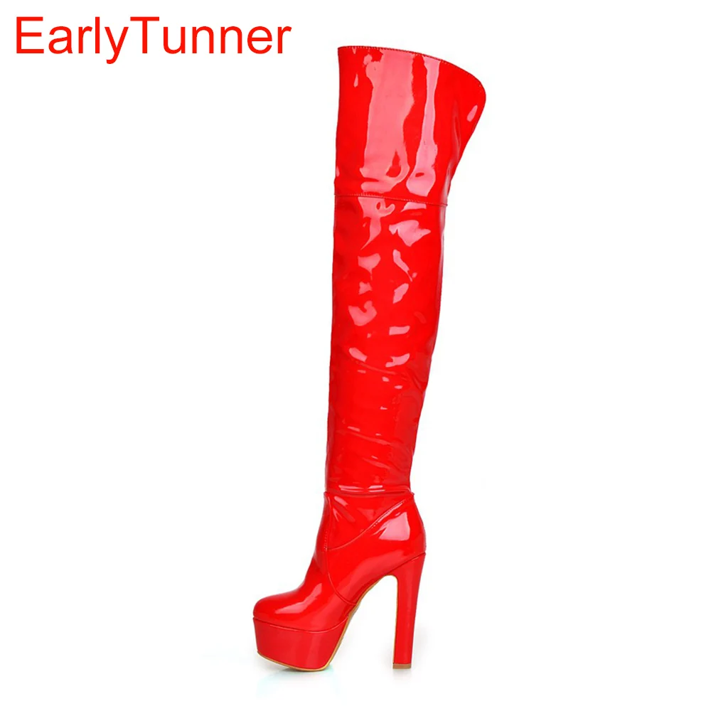 

Brand New Quality Winter Black Red Women Thigh High Platform Boots White Lady Glossy Shoes Super Heels ETS1 Plus Big size 10 43
