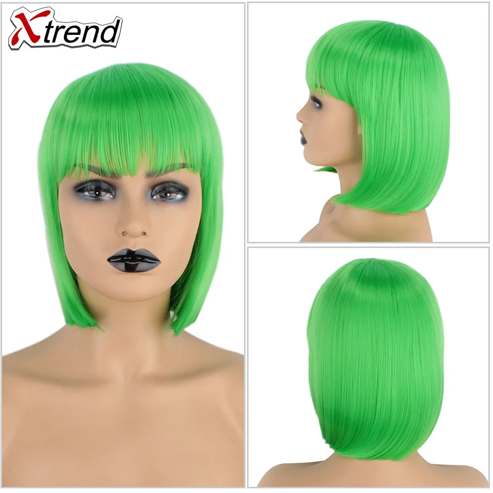 Xtrend Short Wig Perruque Wigs With Bangs For Black Women Peruca Synthetic Black Pink Grey Straight Hair Bob Style Pelucas