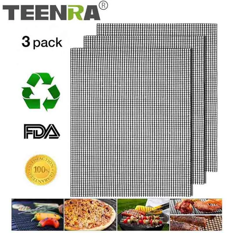 

3Pcs Non-stick BBQ Grill Mesh Mat Grid Shape Barbecue Mat Teflon Baking Mat Reusable BBQ Mat Heat-resistant Picnic Tools