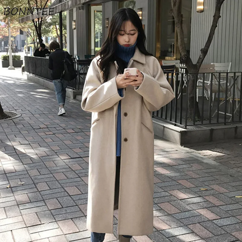 Wools для женщин зима 2018 простой утолщаются теплый однобортный женский пальто для будущих мам отдыха корейский стиль Твердые Карманы