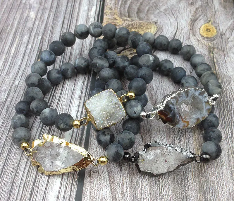 

YA3840 Geode Agates Druzy Stone Quartz Arrow Connecter Black Labradorite Stone Elastic String Bracelet