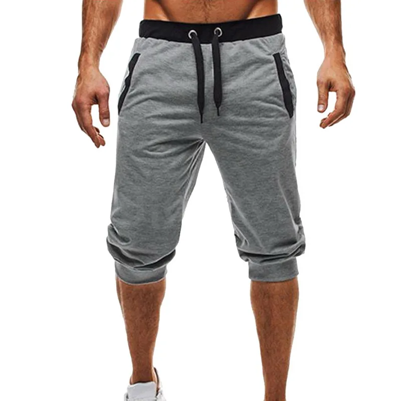 Summer Casual Solid Men Joggers Patchwork Elastic Waist Pantalones Hombre Calf Length Sweatpants Drawstring Gym Trousers Men