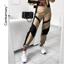 CamKemsey уличная черная Лоскутная Повседневная хаки брюки карго шаровары для женщин 2019 Новая мода Высокая талия Jogger тренировочные брюки
