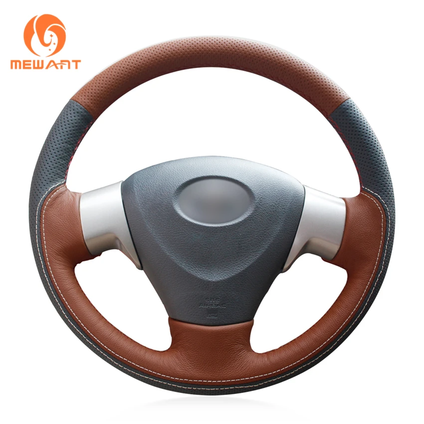 MEWANT Black Brown Genuine Leather Car Steering Wheel Cover for Toyota