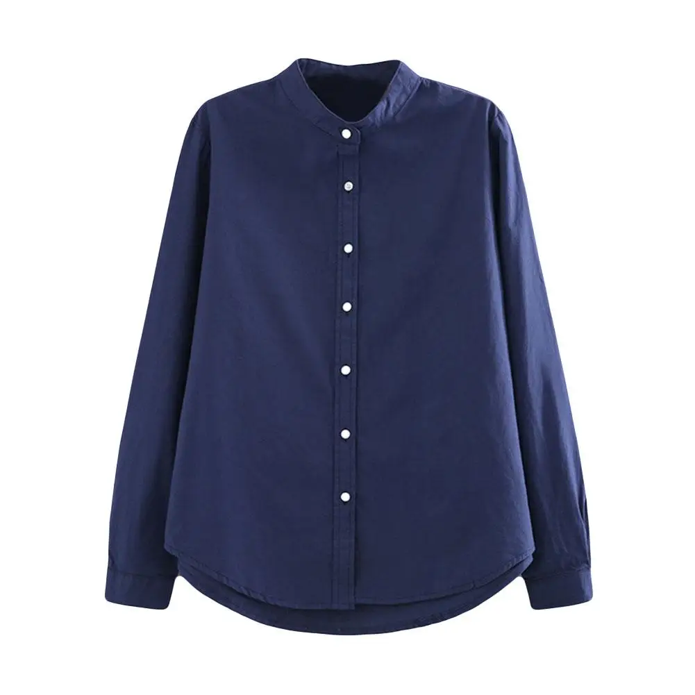 Офисная Женская модная Однотонная рубашка Свободная блузка без воротника с длинными рукавами Топ Лидер продаж