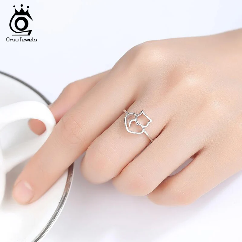ORSA JEWELS 925 Sterling Silver Women Finger Rings Cute Hollowed Cat Shape Ring Girl Silver Color Female Party Jewelry PSR62