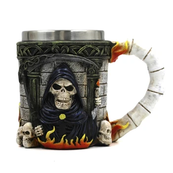 

3D Horror Grim Reaper Skull Mugs Stainless Steel Coffee Tea Milk Bottle Double Wall Gothic Grim Reaper Drinking Mug Cup