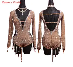 Роскошные Алмаз Латинской платье для танцев 2018 Новый длинным рукавом v-образным вырезом Для женщин Salsa Танец Румба выступление на сцене