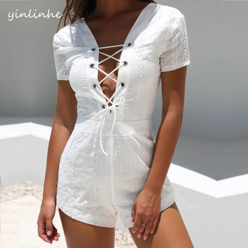 yinlinhe White Lace Beach Playsuit Summer Overalls For