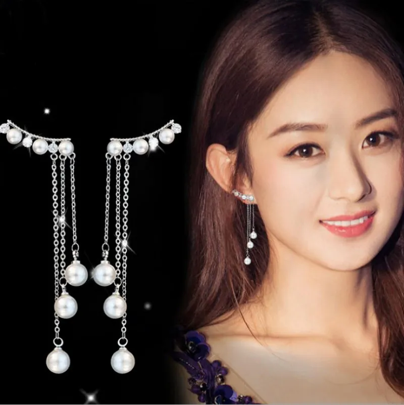 SHIFEEL 2018 New 925 sterling Korea Pearl Tassel Rhinestone Chain Pendant Earrings Temperament Long Pendientes For Women | Украшения и