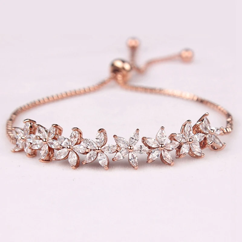 Роскошные сверкающие свадебные браслеты из циркония с кристаллами и цветами для женщин, свадебный подарок, регулируемый