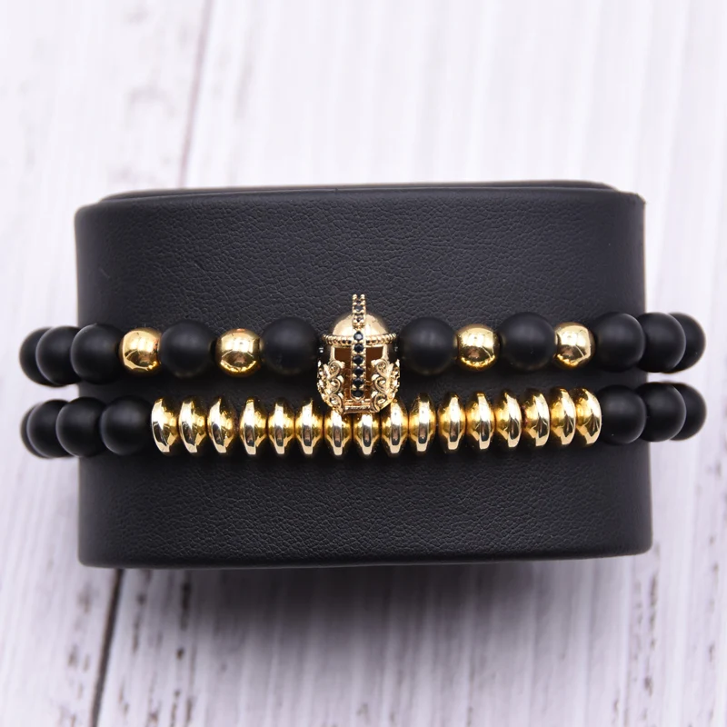

4 Colors men bracelet sets 8mm Black Stone Pave CZ Armor Helmets Charm Bracelet Men Women Bracelet Jewelry Pulseira Jewelry
