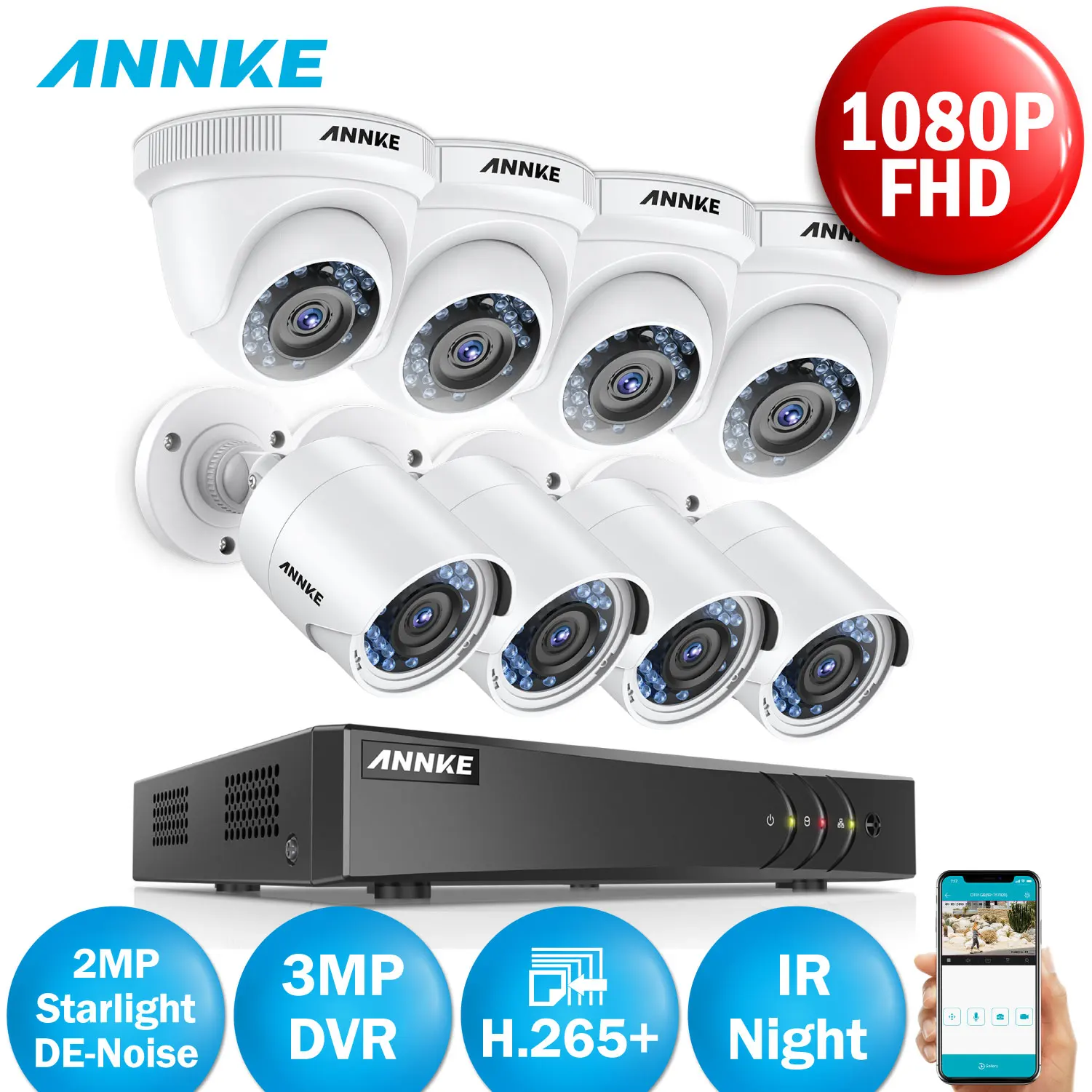 ANNKE 3MP Überwachungskamera 8CH DVR Außen Kamera Motion Alarm Nachtsicht H.265+ 