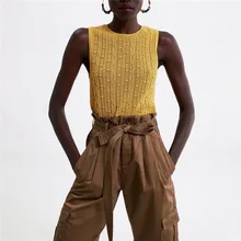 Весенний Модный женский желтый текстурированный Трикотажный жилет без рукавов Однотонный свитер с круглым вырезом