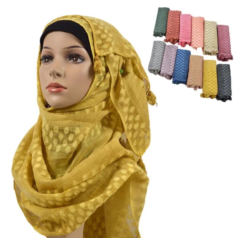 

New Nice Dot Tessel Scarf Shawl Muslim Plain Hijab Fringed Pashmina Headband Women Islamic Scarves Hijabs 10pcs/Lot