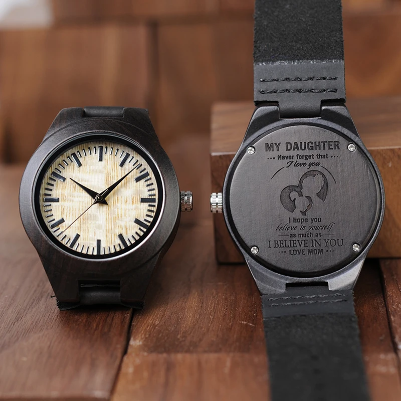 

Personalized Logo Engraved Wood Watch Customize Quartz Wristwatches Ebony Leather Band Best Gift In Gift Box Relogio Masculino