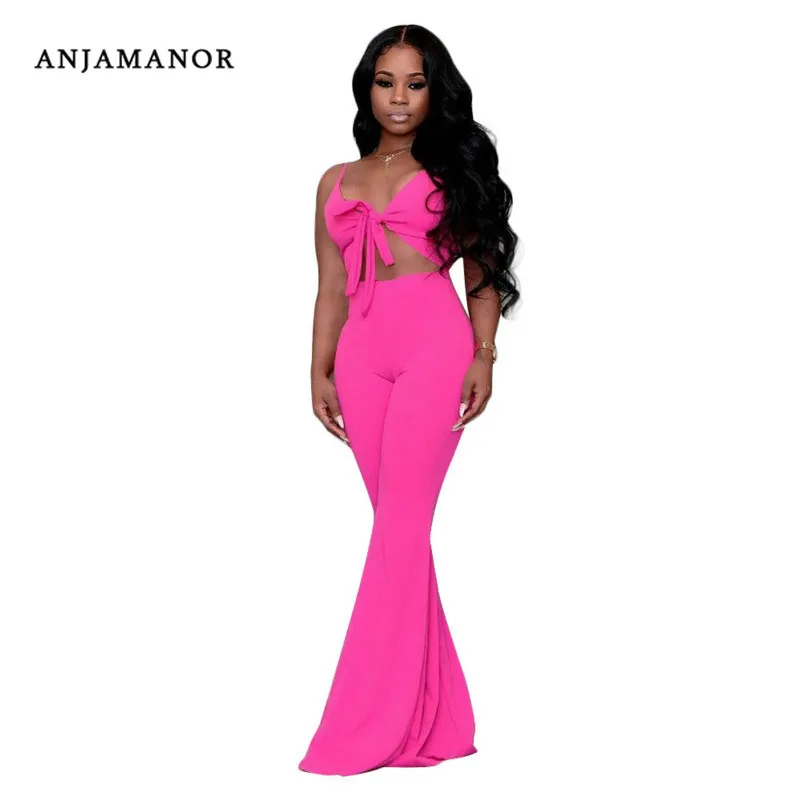 

ANJAMANOR Sexy Wide Leg Jumpsuit Women 2019 Romper Plus Size Summer Night Out Club Outfits Solid Neon Pink Green D43-AD08