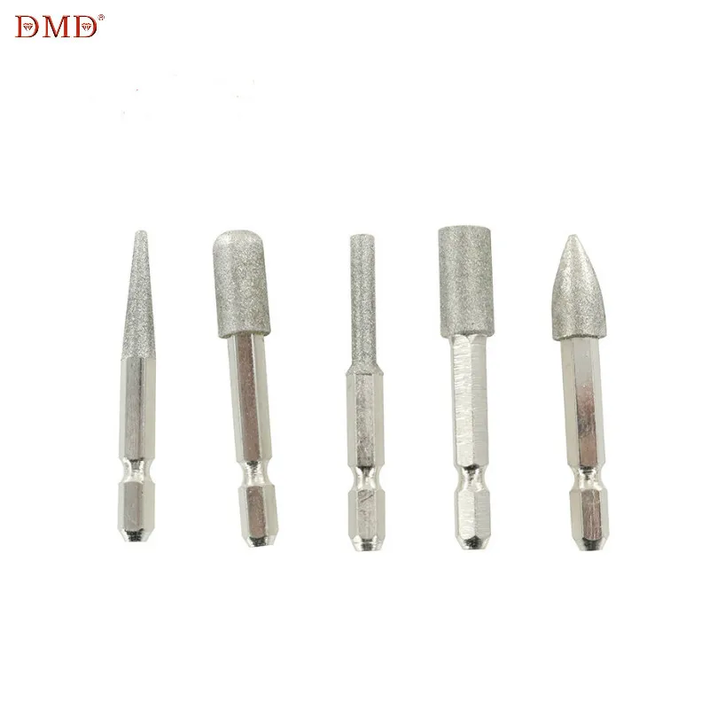 DMD 5Pcs/Set Silver Diamond Grinding Head Shank  Diameter 6.35mm Use for Polishing of Jade and Metals Universal Abrasive Tool
