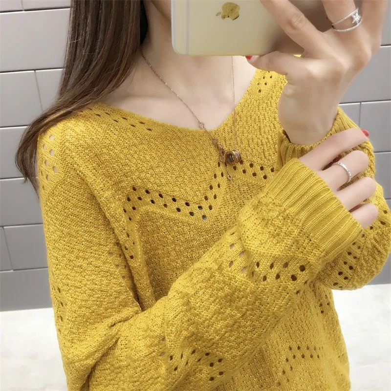 

pullover Top V-collar Sweater Female Spring Garment 2019 Female Wear Westernized Bottom Shirt Thin Hollow-out Knitted Sweater