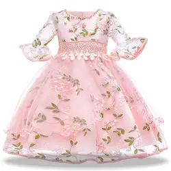 Розовая вышивка дети Платье с цветочным рисунком для девочек для маленьких девочек Платья для праздников и дней рождения детей фантазии