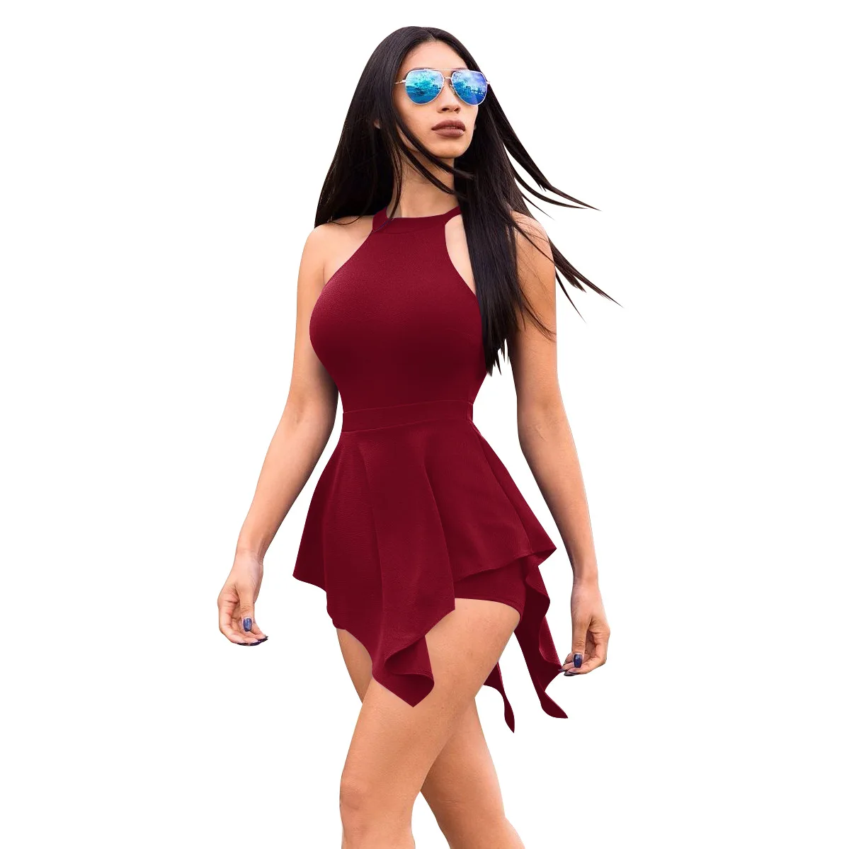 Повседневный летний женский пляжный комбинезон, обтягивающий сексуальный комбинезон с оборками, элегантная облегающая женская одежда, белые черные сексуальные короткие штаны - Цвет: Wine red