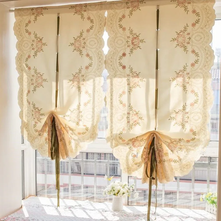 Polyester/Cotton Beige Embroidered Adjustable Height Balloon Curtain