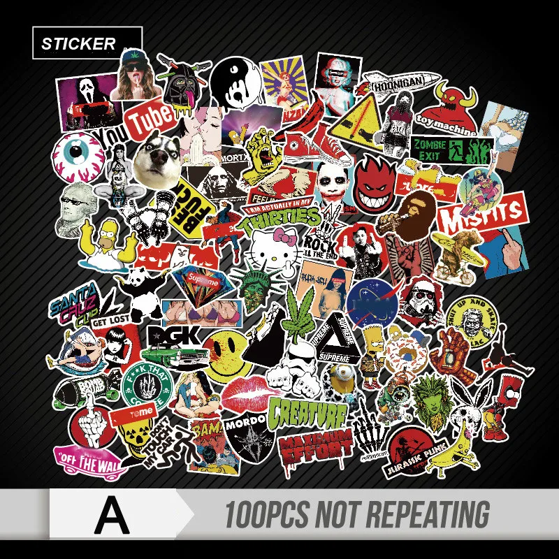 

100 Pcs Mixed funny Stickers for Luggage Laptop Skateboard Bicycle Motorcycle Car Styling Decals Fashion Cool Waterproof Sticker