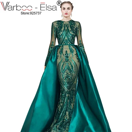 VARBOO_ELSA длинное вечернее платье Съемная юбка зеленое вечернее платье с длинными рукавами с блестками аппликация арабское вечернее платье - Цвет: long sleeves green