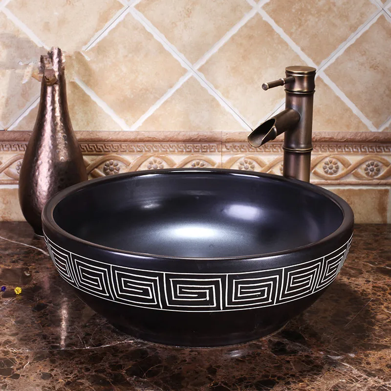 Black Europe Vintage Style Hand Painting Art Countertop bathroom hand painted sinks (3)