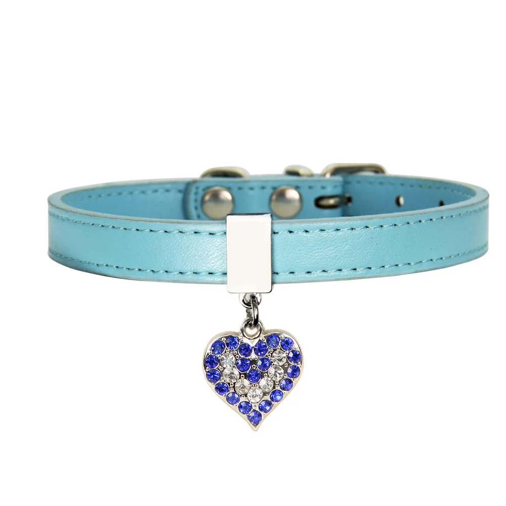 Leather Dog Cat Collar Adjustable Puppy Kitten Rhinestone Neck Collars Lead With Bling Heart For Small
