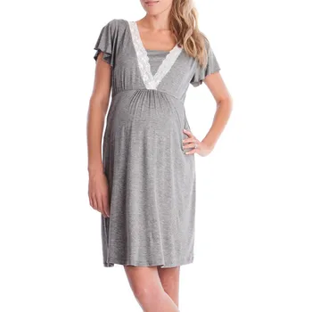 

Gray Women Mother Maternity Dress Casual Cotton Breastfeeding Nursing Dress Nursing Baby For Maternity Pajamas Nightdress #IS