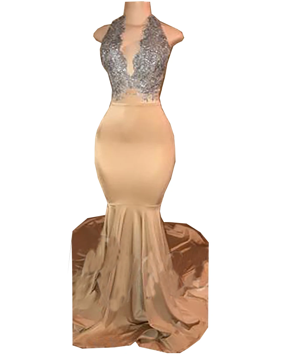 

2018 Halter Spandex chiffon Mermaid Long Prom Dresses Silver Lace Applique Backless Sweep Train Formal Party Evening Dresses