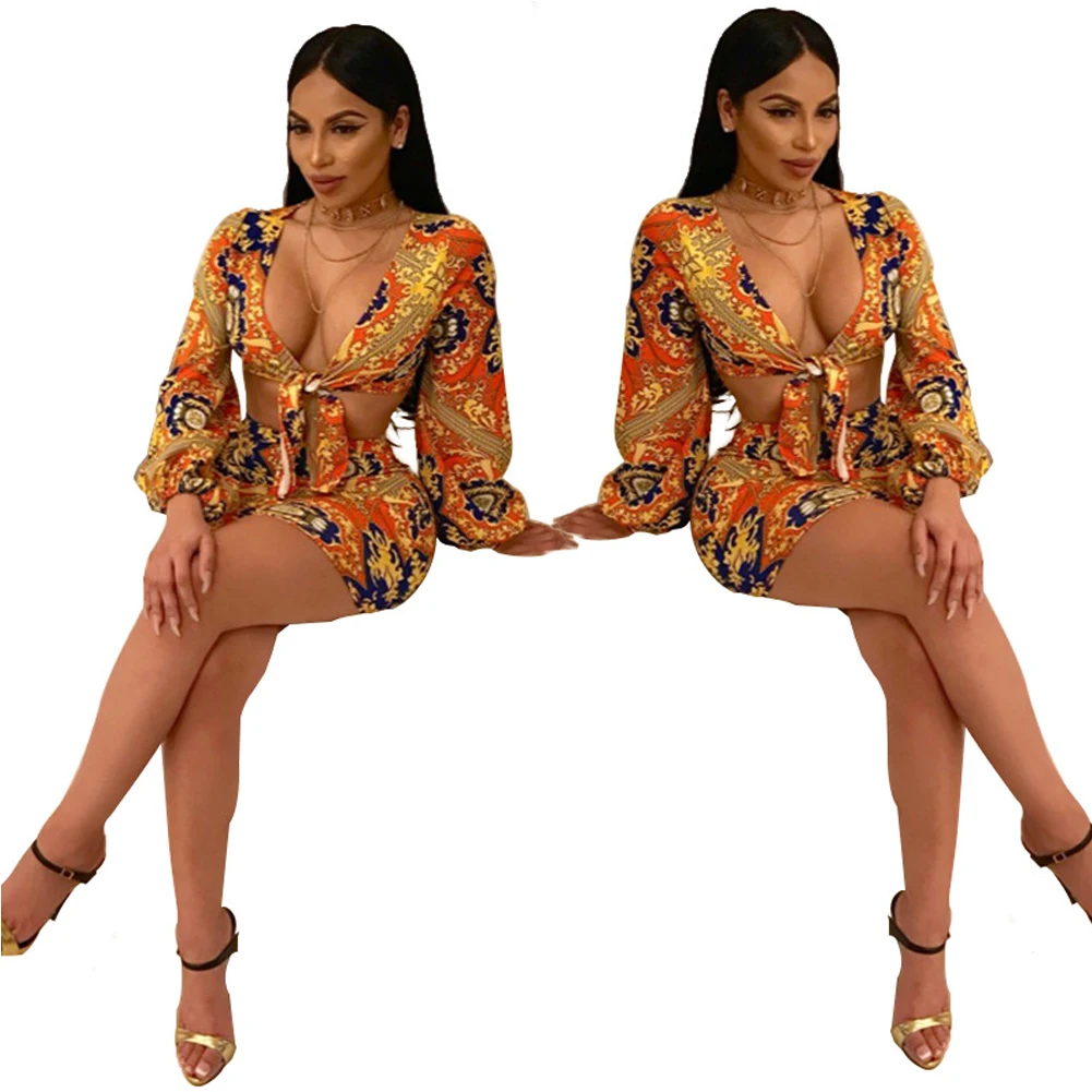 Горячие модные, пикантные юбка комплект с расклешенными рукавами кроп Блуза Топ + Юбки для женщин комплект из двух предметов с цветочным