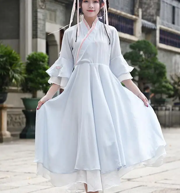 Summer National Daily Women Dress Improved Han Chinese Clothing Vintage Cross Collar Double Dress Expansion Han Element Dress2