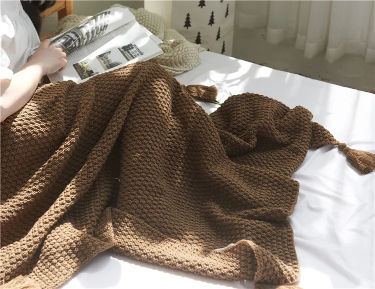 Одеяло с кисточками, однотонное бежевое серое кофейное покрывало для кровати, дивана, домашний текстиль, модная накидка, 130x170 см, вязаный ковер