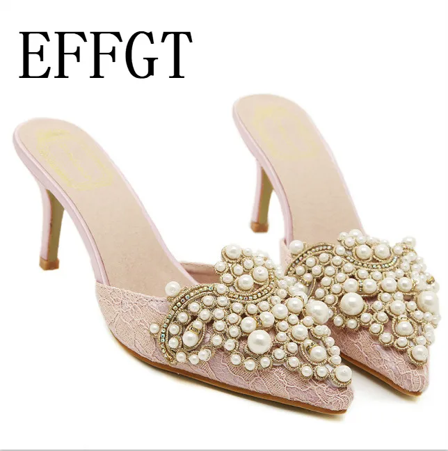 

EFFGT Brand 2019 Summer Slipper Women Sweet Elegant Pearl Beaded High-heeled Slipper Thin Heels Pointed Toe Women Slipper K360
