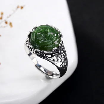 

Real 925 Sterling Silver Green Jade Rings For Women Rose Flowers natural Stone Opening Ring Butterfly Engraved