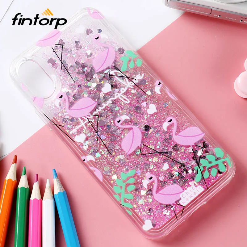 

Fintorp Quicksand Case For iPhone X 7 8 Flamingo Phone Cases For iPhone 6 6s Plus XR XS Max Bling Dynamic Love Hearts Back Cover
