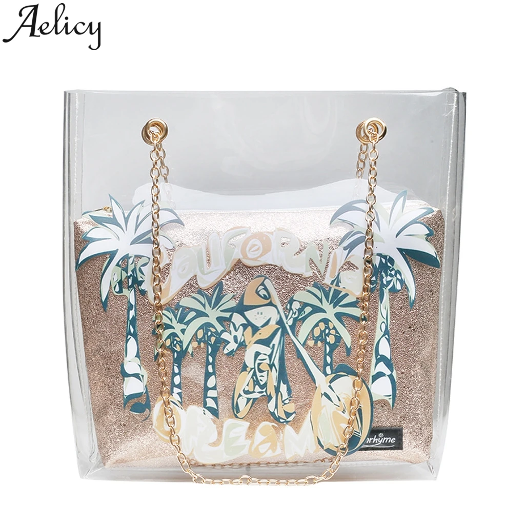 

Aelicy Fashion women's Brand Design Sequin Print Transparent Waterproof Mother Bag Beach Luxury Handbags Women Bags Designer