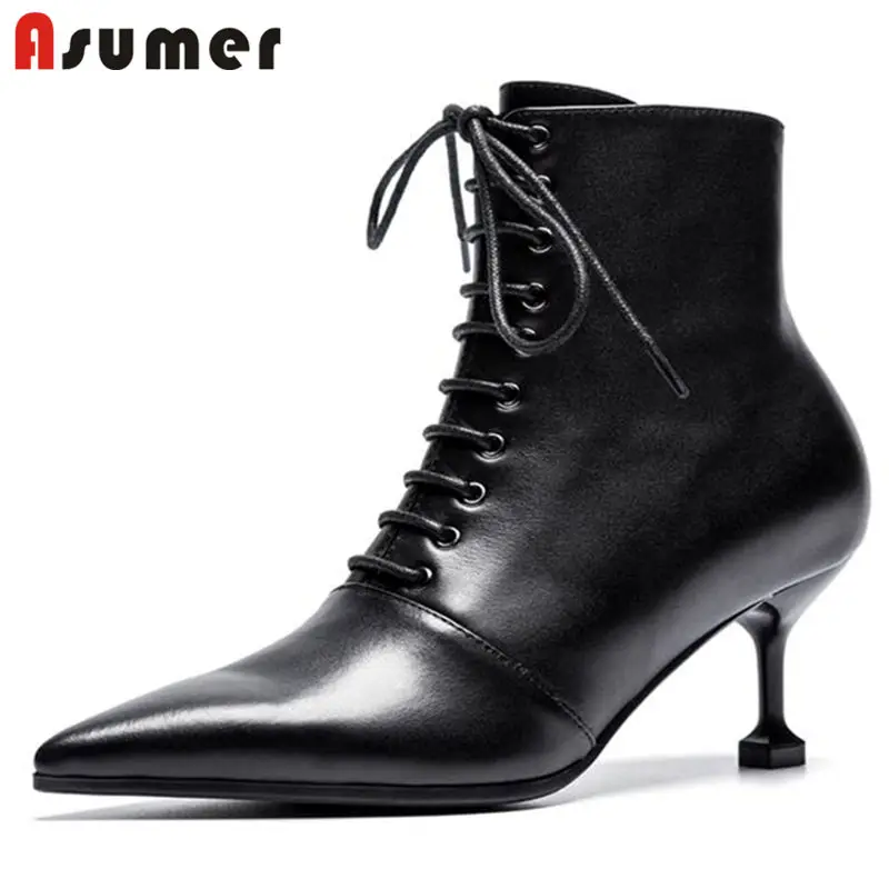 

ASUMER 2020 NEW fashion cross-tied zipper ankle boots women genuine leather pointed toe thin high heels boots casual shoes