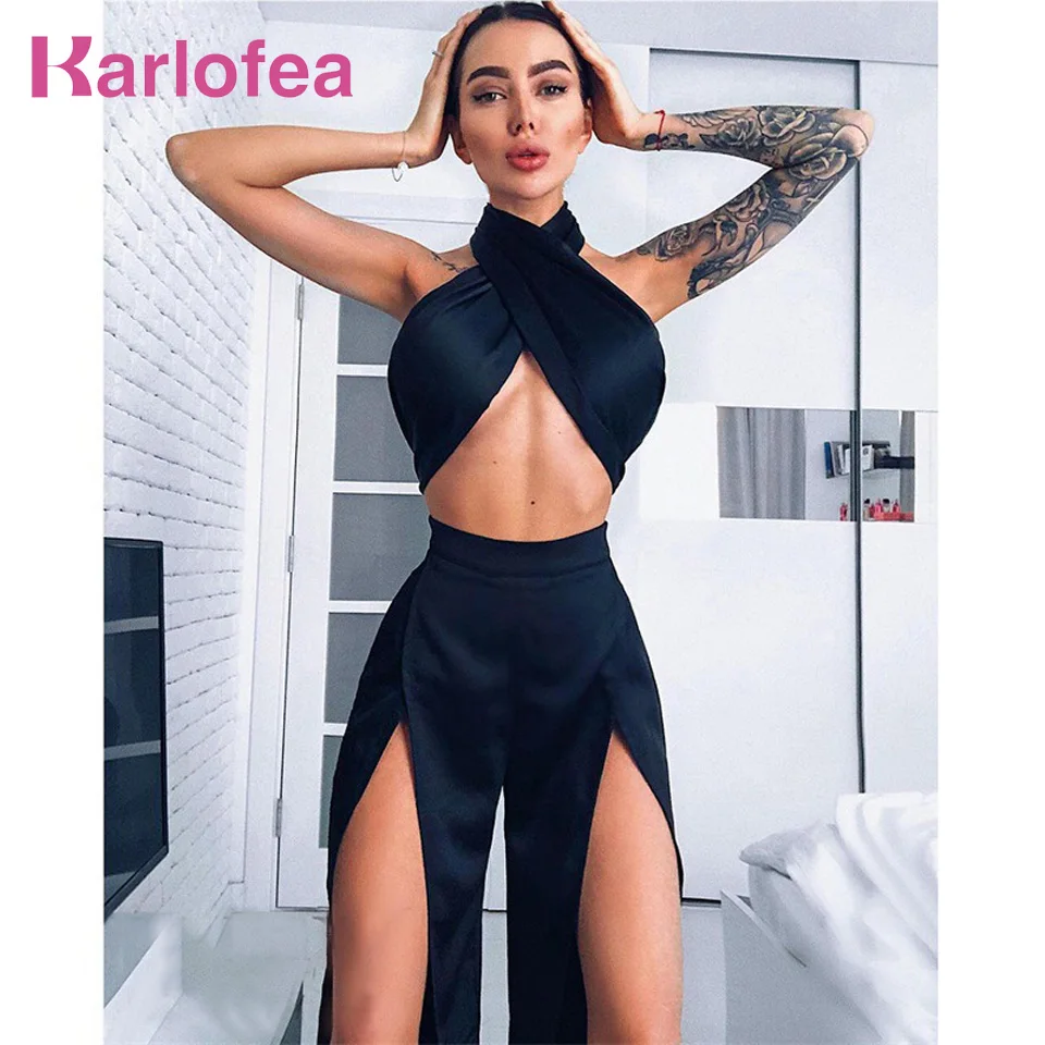 

Karlofea Sexy Club Night Party Women Set Sleeveless Cross Over Crop Top And Long Split Pants Fashion Satin Silky Two Piece Set