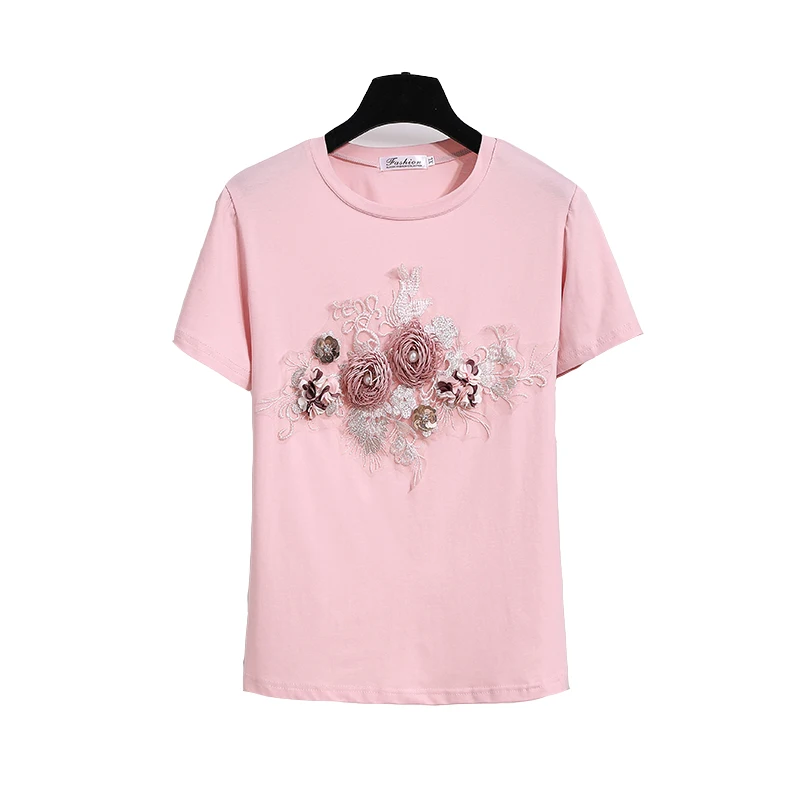 

Women Sweet Floral Embroidery T shirt O Neck Short Sleeve Flower Sequined White Black Pink Tees 2019 Summer Brand Top T-Shirts