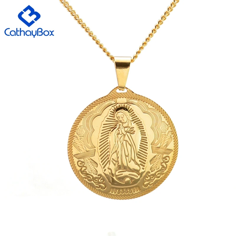 

Catholic Gift Lady of Guadalupe Round Pendant Silver Gold Tone Medal Necklace Chain 24"