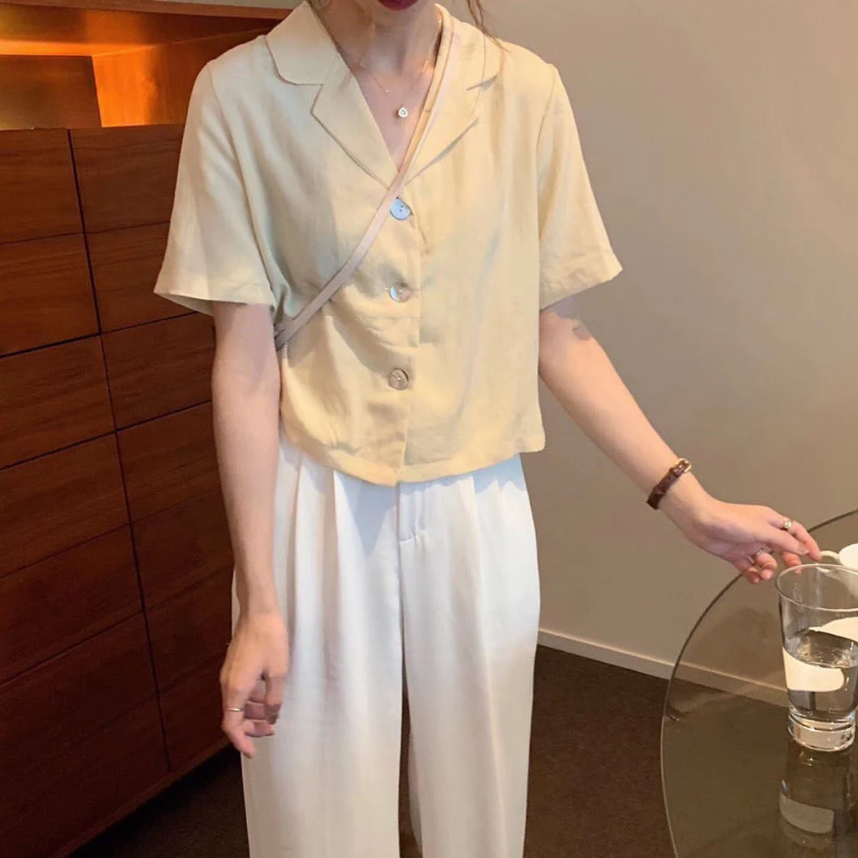

Korean Summer 2 Two Piece Set Womens Outfits Short Sleeve Single Breasted Tops Loose Blouses and Maxi Long Pantalones Muer Pant