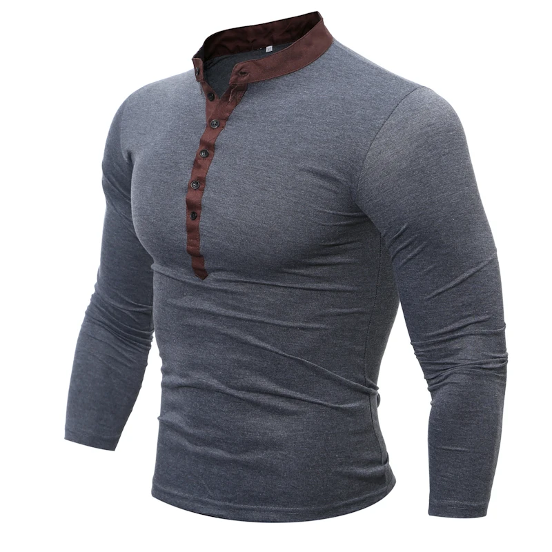 Men Clothing Henley T Shirt Long Sleeve 2018 Male Casual Compression Tight Clothes Breathable Stand Collar Top Tees with Button